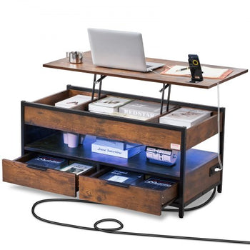 Lift Top Coffee Table, 39.4 in Rectangle Coffee Table with Extra Storage Pockets, Pop Up Coffee Table with Power Strip & USB & Ambient Lighting for Living Room, Brown