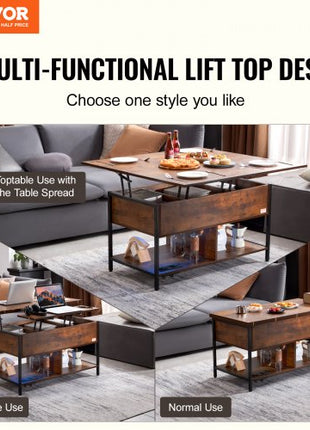 Lift Top Coffee Table, 39.4 in Rectangle Coffee Table with Extra Storage Pockets, Flipable Coffee Table with Power Strip & USB & Ambient Lighting for Living Room, Brown