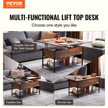 Lift Top Coffee Table, 39.4 in Rectangle Coffee Table with Extra Storage Pockets, Flipable Coffee Table with Power Strip & USB & Ambient Lighting for Living Room, Brown