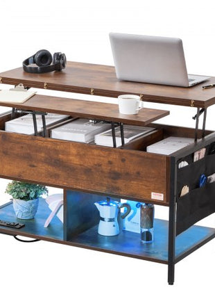 Lift Top Coffee Table, 39.4 in Rectangle Coffee Table with Extra Storage Pockets, Flipable Coffee Table with Power Strip & USB & Ambient Lighting for Living Room, Brown