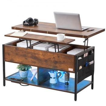 Lift Top Coffee Table, 39.4 in Rectangle Coffee Table with Extra Storage Pockets, Flipable Coffee Table with Power Strip & USB & Ambient Lighting for Living Room, Brown