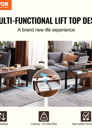 Lift Top Coffee Table, 41.7 in Rectangle Coffee Table with Extra Storage Pockets, Pop Up Coffee Table for Living Room, Brown