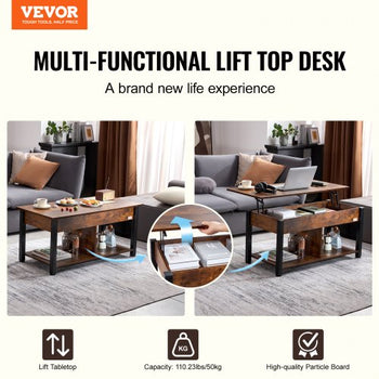 Lift Top Coffee Table, 41.7 in Rectangle Coffee Table with Extra Storage Pockets, Pop Up Coffee Table for Living Room, Brown
