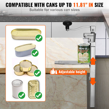 Commercial Can Opener, Heavy-Duty Manual Tabletop Cans Opener for Cans Up to 11.8 in Height, Height-Adjustable Professional Can Openers with Stainless Steel Blade, for Restaurant & Food Store
