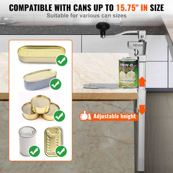 Commercial Can Opener, Heavy-Duty Manual Tabletop Cans Opener for Cans Up to 15.75 in Height, Height-Adjustable Professional Can Openers Fixed with Screws, for Restaurant, Hotel, and Food Store