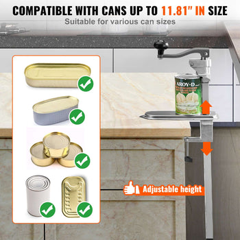 Commercial Can Opener, Heavy-Duty Manual Tabletop Cans Opener for Cans Up to 11.8 in Height, Height-Adjustable Can Openers Fixed with Screws & Table Clamp, for Restaurant, Hotel, and Food Store