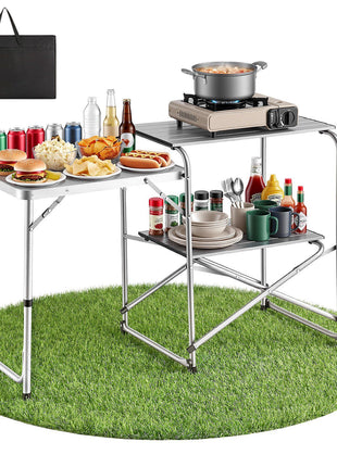 Camping Kitchen Table, Slim-Fold Cook Station, Portable Folding Table, with Side Table, Heat Resistant Tabletop, and Carrying Bag, Ideal for Outdoor Picnics, BBQs, Camping, RV Traveling