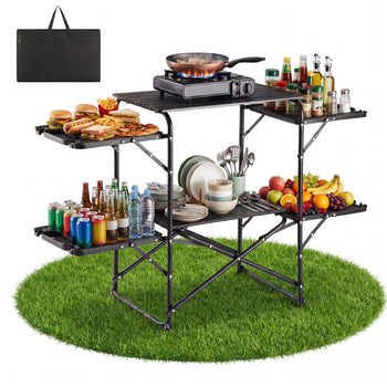 Camping Kitchen Table, Slim-Fold Cook Station, Portable Folding Table, with 4 Side Tables, Heat Resistant Tabletop, and Carrying Bag, Ideal for Outdoor Picnics, BBQs, Camping, RV Traveling