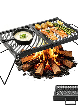 Heavy Duty Folding Campfire Grill, 24" Portable Camping Grill Grate, Sturdy Steel Mesh, Compact Equipment Over Fire Pit, with Legs and Handle, Grilling Rack for Outdoor Open Flame Cooking, Black
