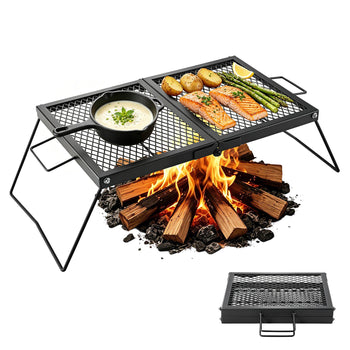 Heavy Duty Folding Campfire Grill, 24" Portable Camping Grill Grate, Sturdy Steel Mesh, Compact Equipment Over Fire Pit, with Legs and Handle, Grilling Rack for Outdoor Open Flame Cooking, Black