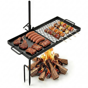 Heavy Duty Swivel Campfire Grill, 24" Portable Camping Grill Grate & Griddle, Sturdy Steel BBQ Mesh, 360° Height Adjustable Over Fire Pit Equipment, for Outdoor Open Flame Cooking, Black