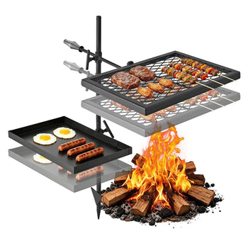 Heavy Duty Swivel Campfire Grill, Double Layer Portable Camping Grill Grate & Griddle, Sturdy Steel BBQ Mesh, 360° Height Adjustable Over Fire Pit, for Outdoor Open Flame Cooking, Black