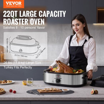 Electric Roaster Oven, 22 QT Turkey Roaster Oven with Self-Basting Lid, 1450W Roaster Oven with Defrost & Warm Function, Adjustable Temp, Removable Pan & Rack, Fits Turkeys Up to 26LBS, Silver