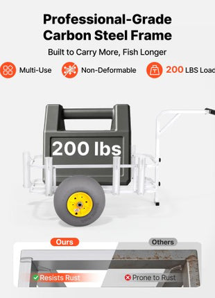 Beach Fishing Cart, 200 lbs Load Capacity, Foldable Fishing Cart with Heavy-Duty Carbon Steel Frame, 13-Inch All-Terrain PU Balloon Tires, 7 Rod Holders, for Outdoor Activities Camping Picnic