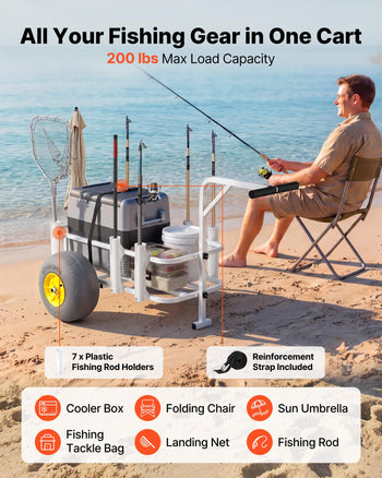 Beach Fishing Cart, 200 lbs Load Capacity, Fishing Cart Wagon with Heavy-Duty Carbon Steel Frame, 13-Inch All-Terrain PU Balloon Tires, 7 Rod Holders, for Outdoor Activities Camping Picnic