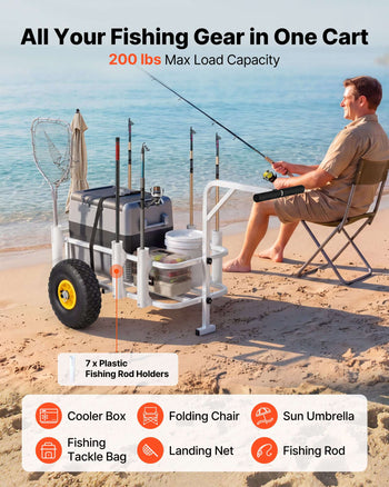 Beach Fishing Cart, 200 lbs Load Capacity, Fishing Cart Wagon with Heavy-Duty Carbon Steel Frame, 11 in All-Terrain Tires, 7 Rod Holders, Easy to Clean, for Outdoor Activities Camping Picnic
