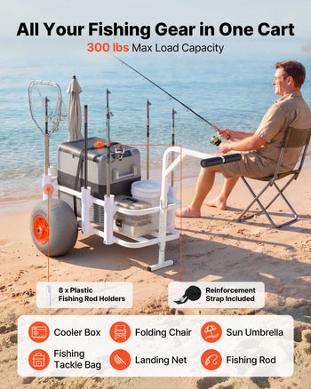 Beach Fishing Cart, 300 lbs Load Capacity, Fishing Cart Wagon with Heavy-Duty Aluminum Alloy Frame, 13-Inch All-Terrain PU Balloon Tires, 8 Rod Holders, for Outdoor Activities Camping Picnic