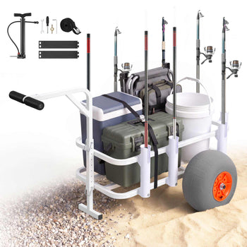 Beach Fishing Cart, 300 lbs Load Capacity, Fishing Cart Wagon with Heavy-Duty Aluminum Alloy Frame, 13-Inch All-Terrain PU Balloon Tires, 8 Rod Holders, for Outdoor Activities Camping Picnic