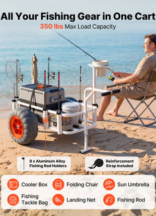 Beach Fishing Cart, 350 lbs Load Capacity, Fishing Cart Wagon with Heavy-Duty Aluminum Alloy Frame, 16.5 in All-Terrain PU Balloon Tires, 8 Rod Holders, for Outdoor Activities Camping Picnic