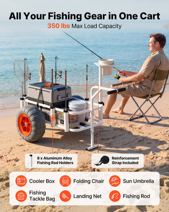 Beach Fishing Cart, 350 lbs Load Capacity, Fishing Cart Wagon with Heavy-Duty Aluminum Alloy Frame, 16.5 in All-Terrain PU Balloon Tires, 8 Rod Holders, for Outdoor Activities Camping Picnic