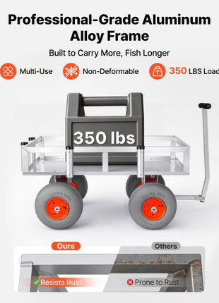 Beach Fishing Cart, 350 lbs Load Capacity, Foldable Fishing Cart with Heavy-Duty Aluminum Alloy Frame, 13-Inch All-Terrain PU Balloon Tires, 6 Rod Holders, for Outdoor Activities Camping Picnic