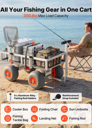 Beach Fishing Cart, 350 lbs Load Capacity, Fishing Cart Wagon with Heavy-Duty Aluminum Alloy Frame, 13-Inch All-Terrain PU Balloon Tires, 6 Rod Holders, for Outdoor Activities Camping Picnic