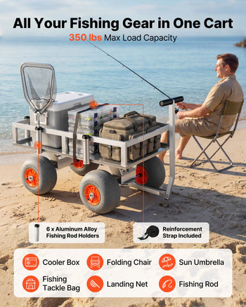 Beach Fishing Cart, 350 lbs Load Capacity, Fishing Cart Wagon with Heavy-Duty Aluminum Alloy Frame, 13-Inch All-Terrain PU Balloon Tires, 6 Rod Holders, for Outdoor Activities Camping Picnic
