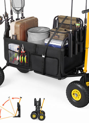 Beach Fishing Cart, 300 lbs Load Capacity, Foldable Fishing Cart with Heavy-Duty Carbon Steel Frame, 11-Inch All-Terrain Tires, 8 Rod Holders, Strap, Easy to Clean, for Outdoor Camping Picnic