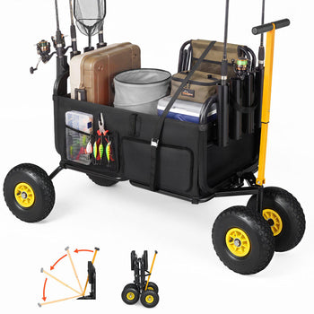 Beach Fishing Cart, 300 lbs Load Capacity, Foldable Fishing Cart with Heavy-Duty Carbon Steel Frame, 11-Inch All-Terrain Tires, 8 Rod Holders, Strap, Easy to Clean, for Outdoor Camping Picnic