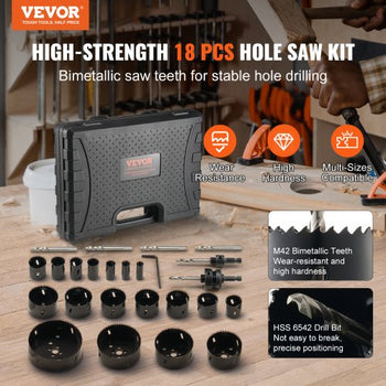 Hole Saw Kit, 18 PCS Saw Blades, 6 Drill Bits, 1 Hex Wrench, General Purpose Size from 3/4" to 4-1/2", Bi Metal M42 Hole Saw Set with Carrying Case, Ideal for Wood Board, Plastic and Iron Plate
