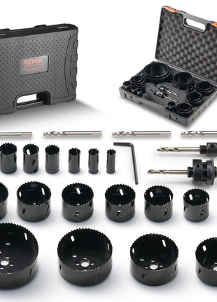 VEVOR 19-piece hole saw kit in black case, featuring durable bi-metal saw blades and drill bits for wood and metal cutting.