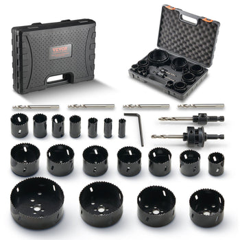 VEVOR 19-piece hole saw kit in black case, featuring durable bi-metal saw blades and drill bits for wood and metal cutting.