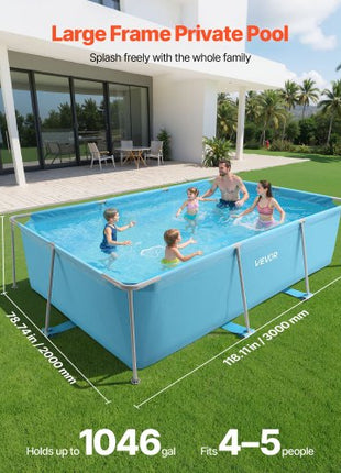 Frame Above Ground Swimming Pool, 118 x 78 x 30 in Rectangular Steel Metal Frame, Large Rectangle Outdoor Backyard Family Pool, Easy to Assemble Rust-Resistant, 1046 Gallon Water Capacity, Blue