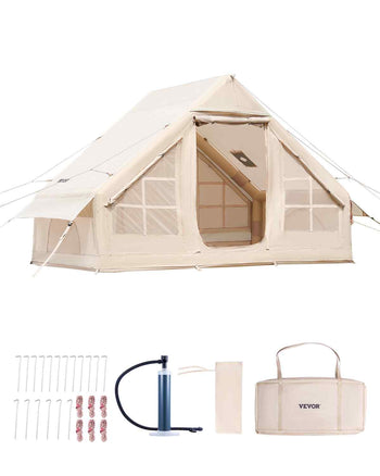 Inflatable Tents for Camping, 3-5 Person Easy Setup Blow up Tent with Hand Pump, 300D Oxford 4 Season Glamping Tent with Stove Jack 2 Doors & 2 Mesh Windows, Storage Bag Included for Easy Taking