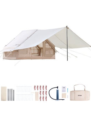 Inflatable Tents for Camping, 3-5 Person Easy Setup Blow up Tent with Hand Pump, 300D Oxford 4 Season Glamping Tent with Canopy, Stove Jack, 2 Doors & 2 Mesh Windows (Storage Bag Included)