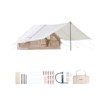 Inflatable Tents for Camping, 3-5 Person Easy Setup Blow up Tent with Hand Pump, 300D Oxford 4 Season Glamping Tent with Canopy, Stove Jack, 2 Doors & 2 Mesh Windows (Storage Bag Included)