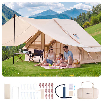 Inflatable Tents for Camping, 3-5 Person Easy Setup Blow up Tent with Hand Pump, 300D Oxford 4 Season Glamping Tent with Canopy, Stove Jack, 2 Doors & 2 Mesh Windows (Storage Bag Included)