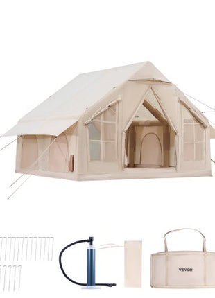 Inflatable Tents for Camping, 4-6 Person Easy Setup Blow up Tent with Hand Pump, 300D Oxford 4 Season Glamping Tent with Stove Jack 2 Doors & 4 Mesh Windows, Storage Bag Included for Easy Taking