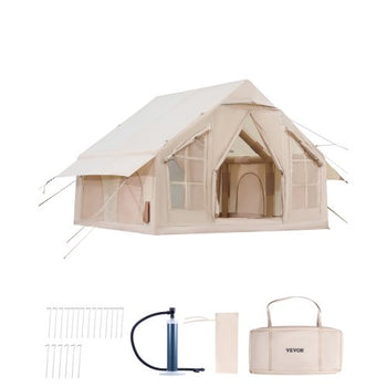 Inflatable Tents for Camping, 4-6 Person Easy Setup Blow up Tent with Hand Pump, 300D Oxford 4 Season Glamping Tent with Stove Jack 2 Doors & 4 Mesh Windows, Storage Bag Included for Easy Taking