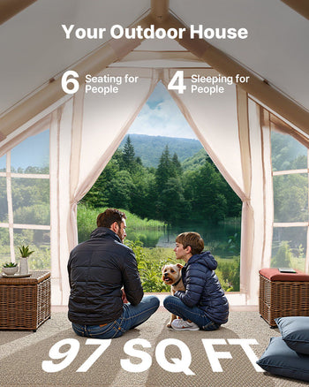 Inflatable Tents for Camping, 4-6 Person Easy Setup Blow up Tent with Hand Pump, 300D Oxford 4 Season Glamping Tent with Stove Jack 2 Doors & 4 Mesh Windows, Storage Bag Included for Easy Taking