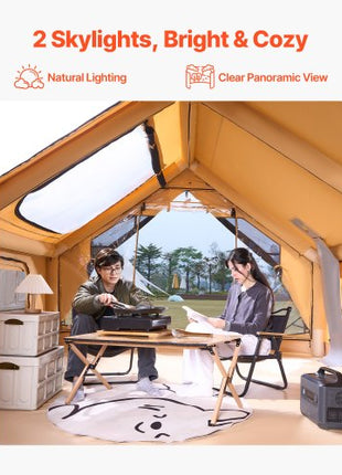 Inflatable Tents for Camping, 5-8 Person Easy Setup Blow up Tent with Hand Pump, Luxury Glamping Tent with 2 Skylights, Canopy, Stove Jack 2 Doors & Mesh Windows (Storage Bag Included)