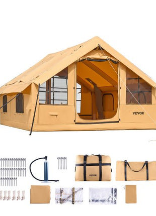 Inflatable Tents for Camping, 5-8 Person Easy Setup Blow up Tent with Hand Pump, Luxury Glamping Tent with 2 Skylights, Canopy, Stove Jack 2 Doors & Mesh Windows (Storage Bag Included)