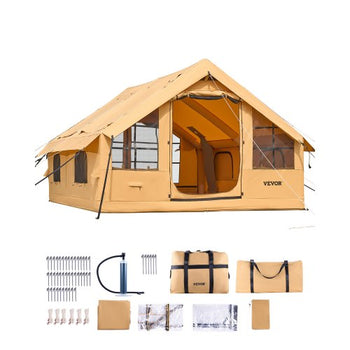 Inflatable Tents for Camping, 5-8 Person Easy Setup Blow up Tent with Hand Pump, Luxury Glamping Tent with 2 Skylights, Canopy, Stove Jack 2 Doors & Mesh Windows (Storage Bag Included)