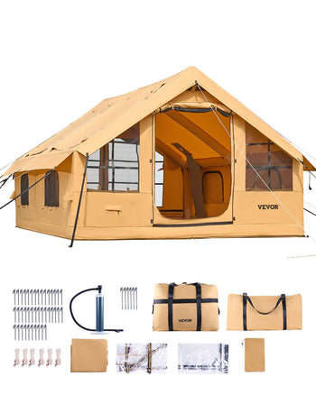 Inflatable Tents for Camping, 5-8 Person Easy Setup Blow up Tent with Hand Pump, Luxury Glamping Tent with 2 Skylights, Canopy, Stove Jack 2 Doors & Mesh Windows (Storage Bag Included)