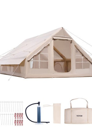 Inflatable Tents for Camping, 5-8 Person Easy Setup Blow up Tent with Hand Pump, 300D Oxford Glamping Tent with Stove Jack 2 Doors & 4 Mesh Windows, Storage Bag Included for Easy Taking