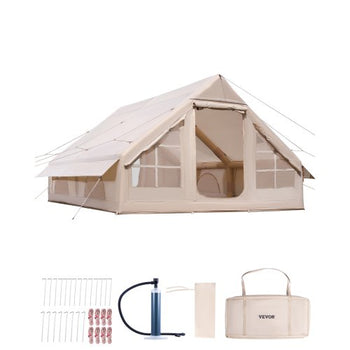 Inflatable Tents for Camping, 5-8 Person Easy Setup Blow up Tent with Hand Pump, 300D Oxford Glamping Tent with Stove Jack 2 Doors & 4 Mesh Windows, Storage Bag Included for Easy Taking