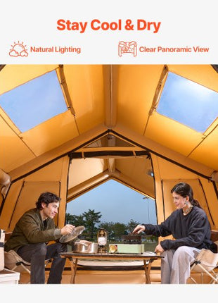 Inflatable Tents for Camping, 8-12 Person Easy Setup Blow up Tent with Hand Pump, 4 Season Luxury Glamping Tent with 2 Skylights, Canopy, Stove Jack, 2 Doors & Mesh Windows (Include Storage Bag)