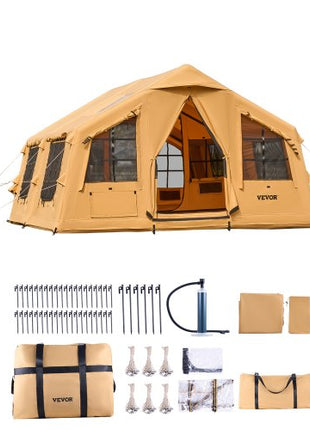 Inflatable Tents for Camping, 8-12 Person Easy Setup Blow up Tent with Hand Pump, 4 Season Luxury Glamping Tent with 2 Skylights, Canopy, Stove Jack, 2 Doors & Mesh Windows (Include Storage Bag)