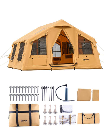 Inflatable Tents for Camping, 8-12 Person Easy Setup Blow up Tent with Hand Pump, 4 Season Luxury Glamping Tent with 2 Skylights, Canopy, Stove Jack, 2 Doors & Mesh Windows (Include Storage Bag)