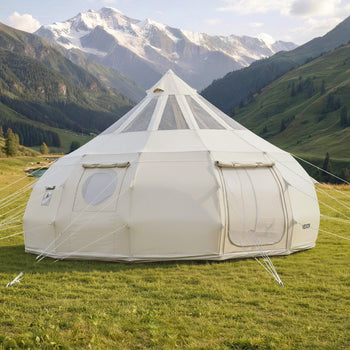 Canvas Bell Tent, 4 Seasons 16.4 ft Yurt Tent for Camping with Stove Jack, Poly-Cotton Canvas Breathable Holds up to 12 People with Rain Cover, for Family Camping Glamping Outdoor Hunting Party